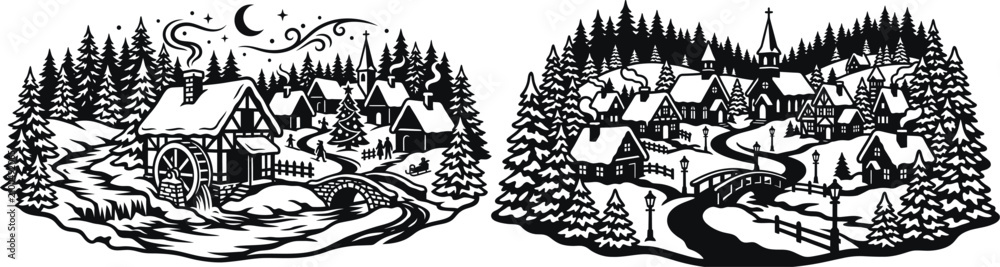 Naklejka premium Whimsical winter village scenes in black and white