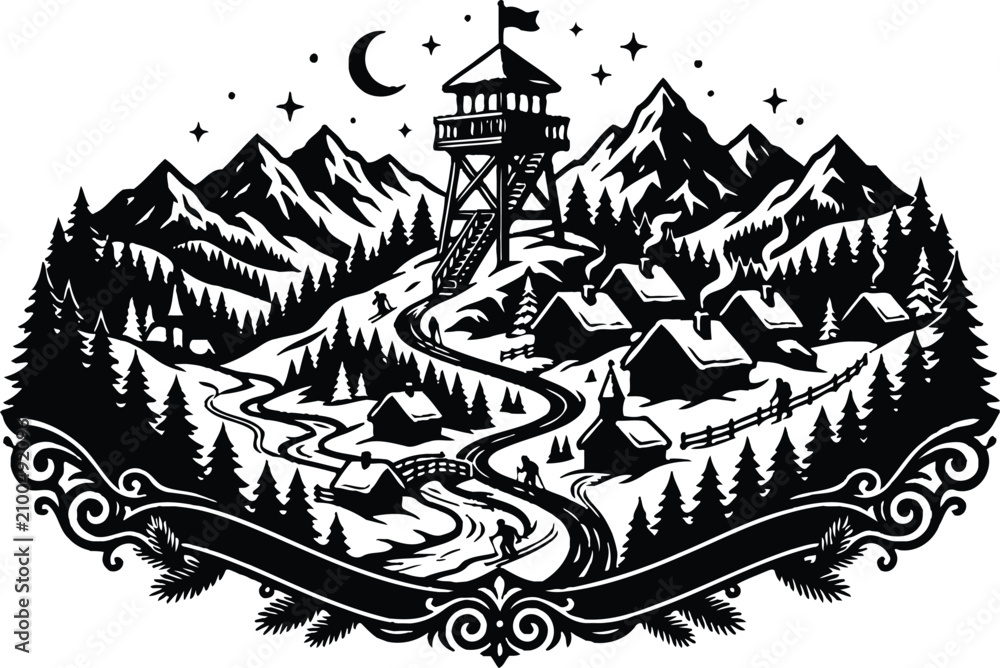 Naklejka premium Winter mountain village with a tower and ski resort
