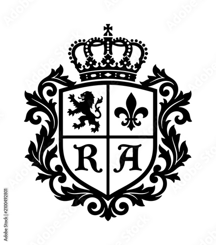 Royal Crest Emblem Vector, Heraldic Shield with Lion and Fleur-de-lis, Monogram RA, Vintage Coat of Arms Design, Elegant Black and White Symbol