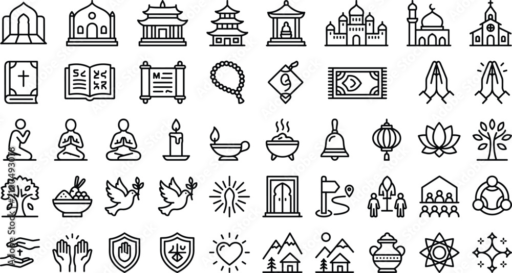 Fototapeta premium Global religion spirituality faith and sacred worship line icons set vector illustration for web design