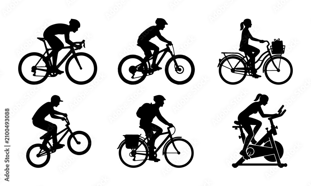 Obraz premium Diverse Bicycle Silhouettes Collection, 6 Vector Icons for Cycling Sports, Fitness, and Outdoor Recreation