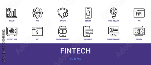 Bild auf Leinwand Set of 12 outline web Fintech icons such as money transaction, online payment, c