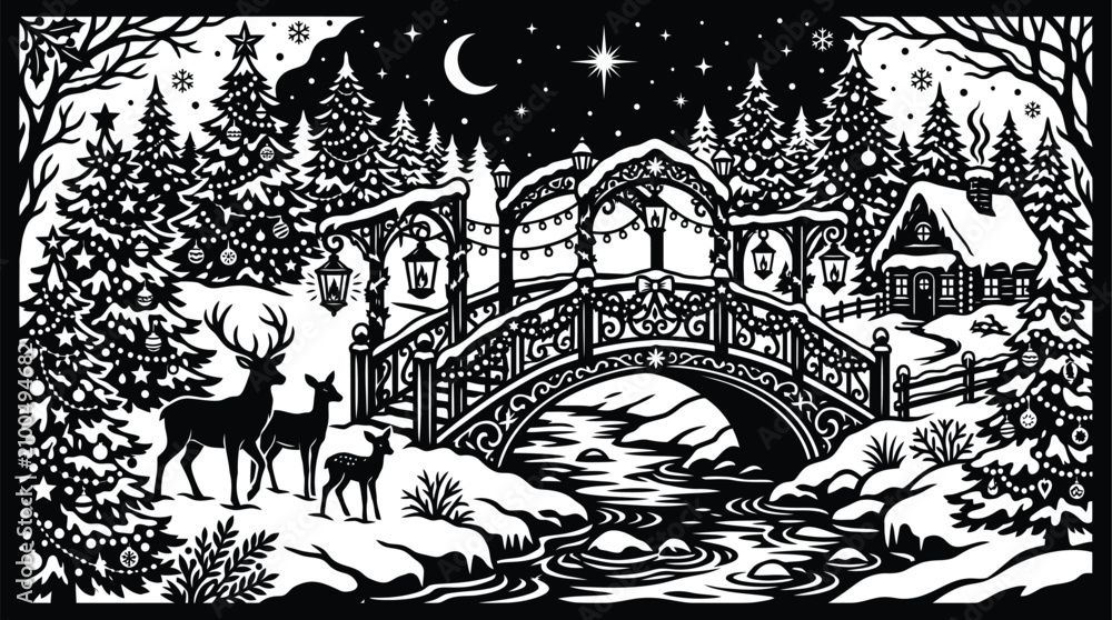 Naklejka premium Christmas bridge scene with deer and festive trees