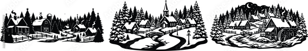 Fototapeta premium Vintage woodcut style winter village scenes with forest backdrop