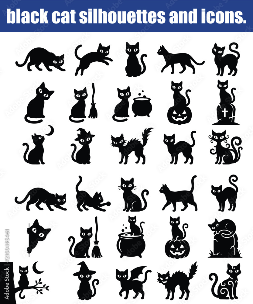 Obraz premium Black cat silhouettes and icons collection