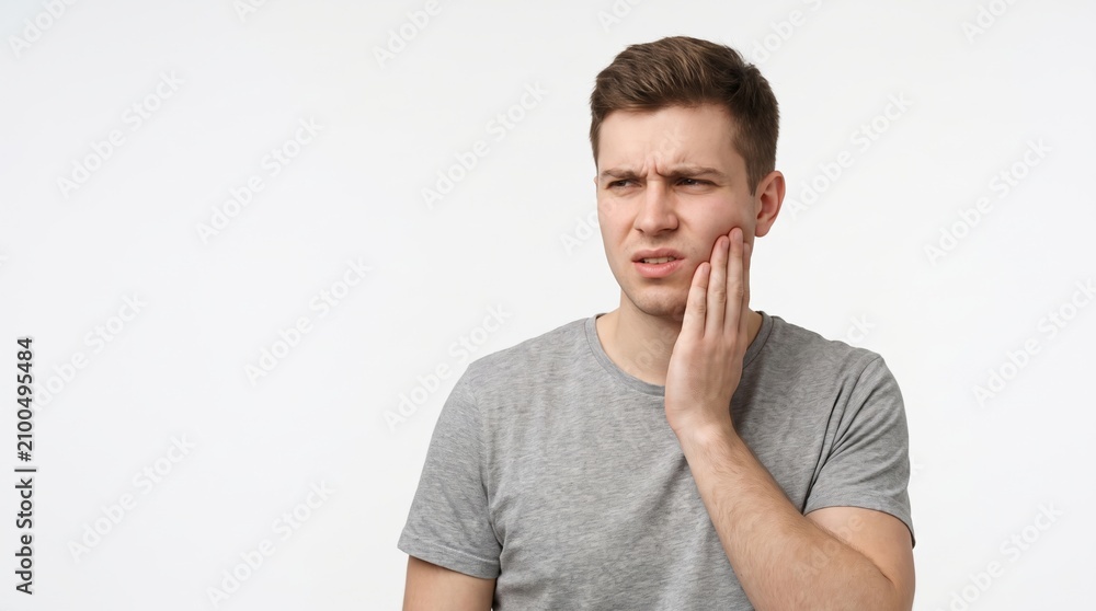 Obraz premium Young man touching cheek suffering from severe toothache pain on white background