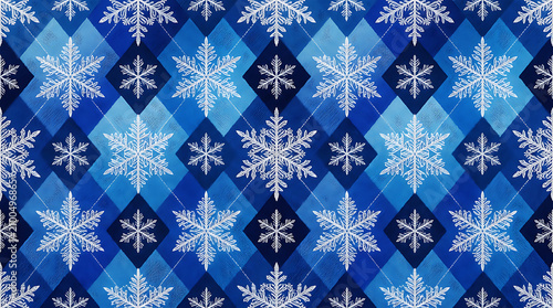 Blue argyle pattern with white snowflake motifs