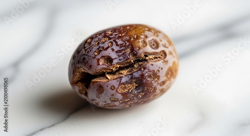 Close up of a freshly baked chocolate chip cookie on a white surface.