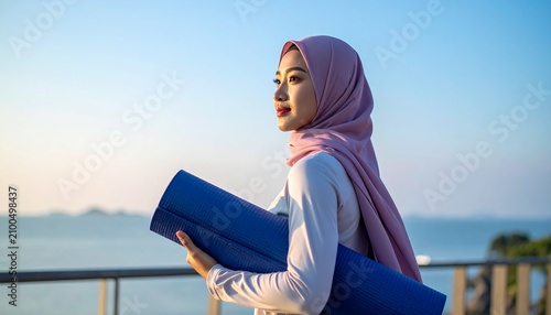 indonesian Young woman with coloful hijab wearing sporty outfit holding yoga mat and looking to the opposite side with clear blue sky, healthy lifestyle outdoors