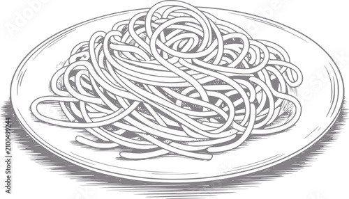 Fotografia シンプルな白い陶器の皿に盛られた、美味しそうなスパゲッティパスタの手書きイラスト