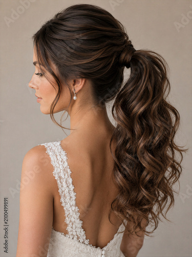 Bridal hairstyle with long curly ponytail on a woman wearing a lace dress