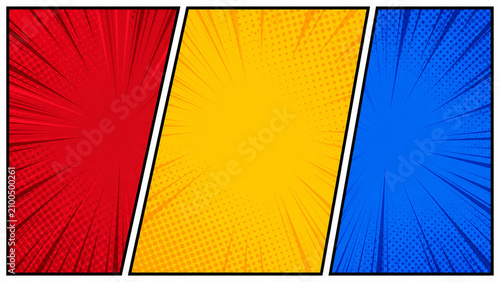 Konstfotografi 3 Sections Comic Book Triptych Background with Red, Yellow, and Blue Radial Burs
