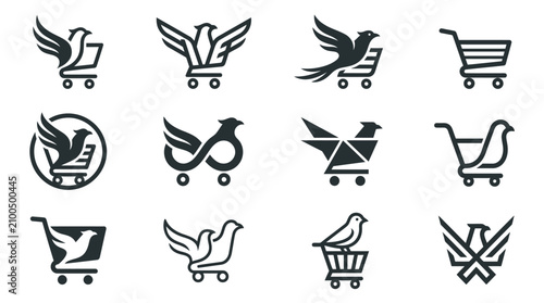 Фотография Birds in shopping carts icons.