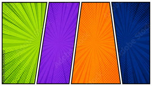 4 Sections Comic Book Triptych Background with Red, Yellow, and Blue Radial Bursts, Halftone Dots, Bold Black Borders, and Dynamic Pop Art Energy for Posters, Banners, YouTube Thumbnail