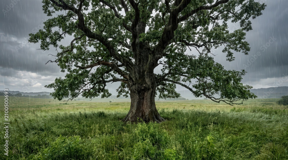 Obraz premium Majestic Ancient Oak Tree Stands Alone in a Lush Green Field Under a Dramatic Sky