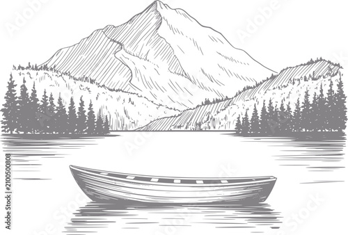 Bild auf Leinwand 山の前の穏やかな湖に浮かぶ平和なカヌーを描いた手書きイラスト