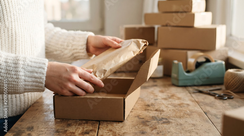 Woman hands packing gift or product in cardboard box at home office workshop