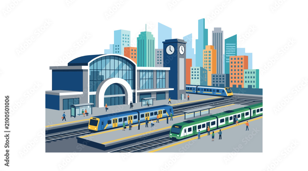 Fototapeta premium Modern Train Station with Commuters and City Skyline - Urban Transportation Hub