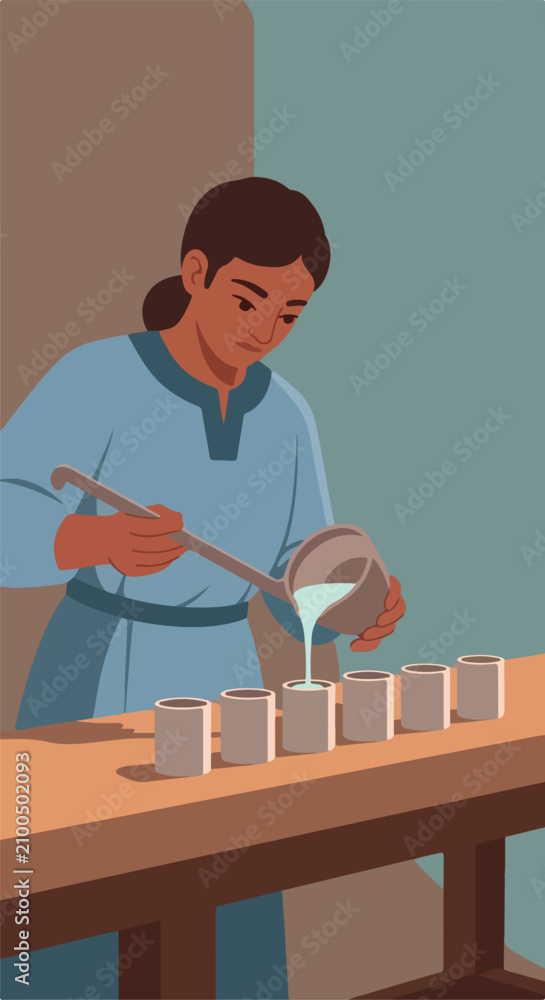 Fototapeta premium Person pouring liquid from a vessel into multiple cups on a table