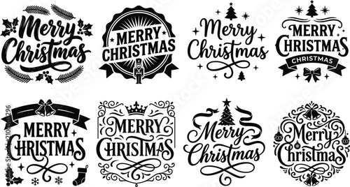 Merry Christmas Typography Lettering Vector Set with Festive Holiday Badges Ornaments Trees Bells and Vintage Swirl Frames for Winter Greeting Card Designs