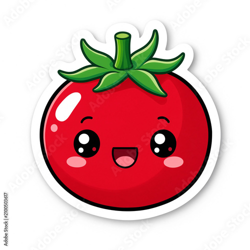 Smiling kawaii tomato with green leaves and a white sticker-style border, presented on a clean white background. Bright cheerful vegetable character ideal for kids or labels.