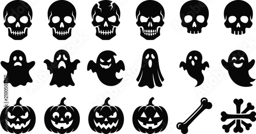 Quadro su tela Set of halloween icons featuring skulls ghosts and pumpkins halloween isolated