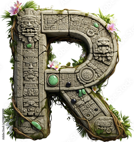 letra R, mayas, arte, precolombino, mexico, piramides, antiguas, estatua, símbolo, aislada, madera, ilustración, objeto, decoraciones, plantas, peninsula, sur, arte maya, tallado a mano, escultura, me