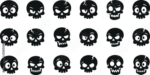 Set of cartoon skull icons with various expressions and emotions, expression