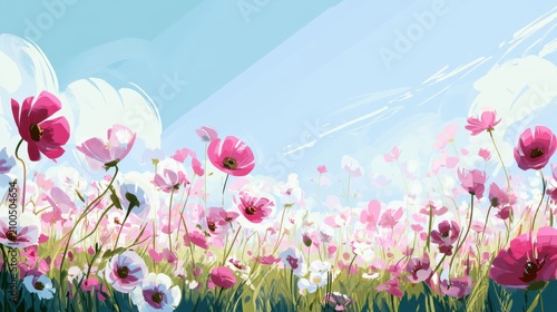 Expansive field of blooming cosmos flowers, varied pinks and whites, clear sky, sun-drenched digital illustration