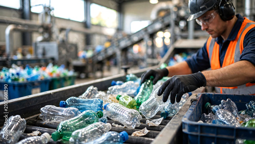 A professional recycling plant worker wearing protective gloves, safety vest, and industrial safety equipment sorting empty plastic bottles on a moving conveyor belt inside a modern waste processing .