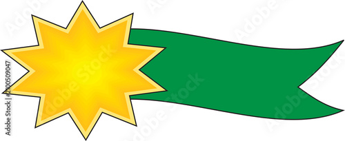 Obraz na plátne Bright yellow ten-pointed star with a golden outline attached to a flowing green ribbon banner on a grey background