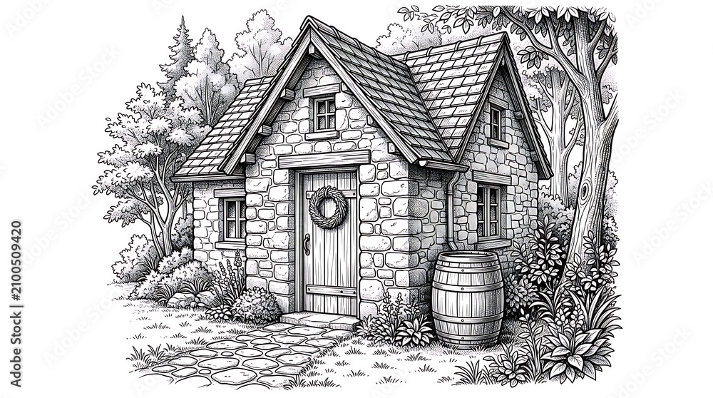 Obraz premium Black and white of a stone cottage with a barrel, surrounded by trees and plants house small house