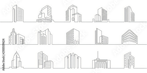 Modern architectural line art collection of diverse building silhouettes