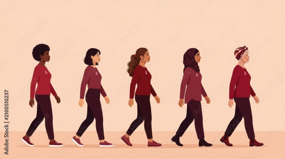 Fototapeta premium Breast Cancer Awareness Month Five women representing diversity walking in a row wearing red shirts and pink ribbons for breast cancer awareness month campaign