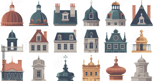 Canvas-taulu Vintage European architecture rooftop and building facades vector element set fe