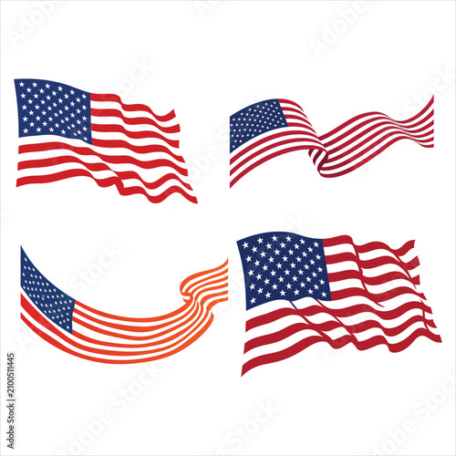 Collection of waving american flags isolated on white background with american, patriotic