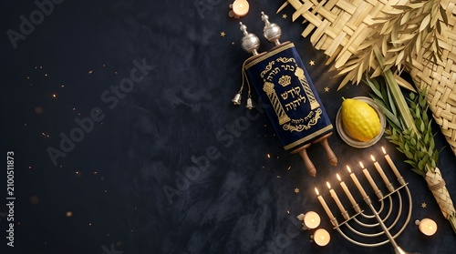 Jewish holiday symbols including menorah lulav etrog and torah scroll