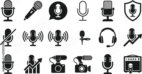 Foto Set of microphone and audio icons for podcasting recording studio broadcast multimedia and sound equipment