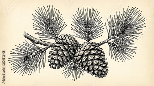 Black and white of pine branch with cones, needles on beige background, pinecone