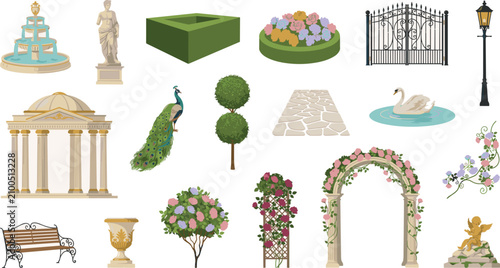 Vászonkép Classical royal garden landscaping vector element set featuring marble pavilions