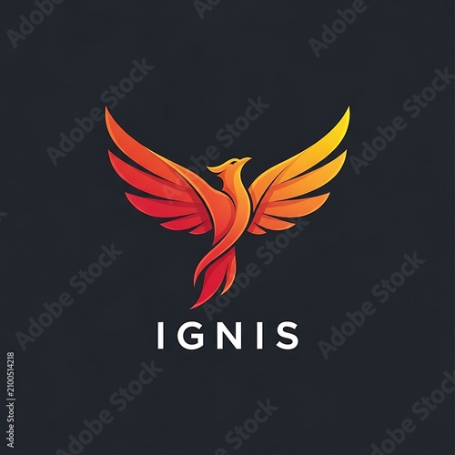 A stylized bird with outstretched wings in shades of red and orange