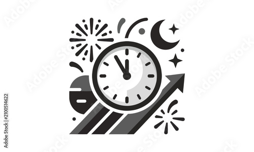 Photography Midnight clock face with fireworks and moon for New Year eve.
