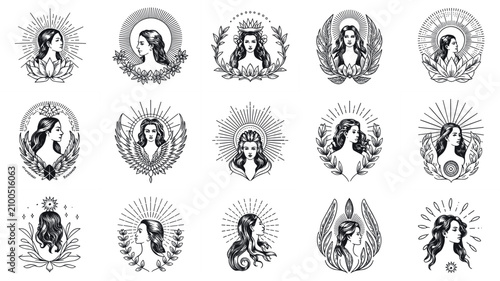 Photos Mystical divine feminine logo icons collection featuring female faces sunburst l