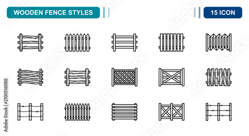 Foto 15 Wooden fence linear icon set picket, lattice, ranch, gate, UI and web interfa
