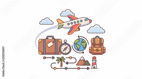Diverse travel icons depicting an airplane suitcase backpack and globe