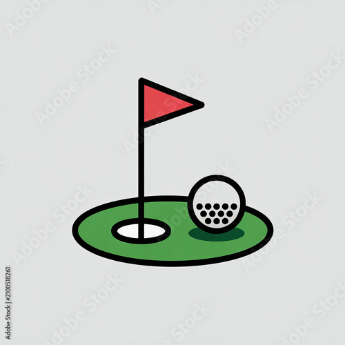 Simple illustration of a golf ball near a hole and flag on a green course.