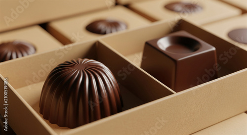 Gourmet chocolate pralines in elegant kraft paper gift boxes, luxury dark chocolate bonbons in minimalist cardboard packaging