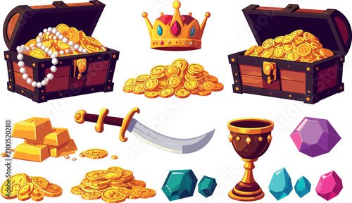 Foto Fantasy Treasure Collection with Pirate Chests, Gold Coins, Crown, Sword, Gems,