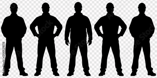 Canvastavla construction workers wearing hard hats and work boots silhouette, Construction w