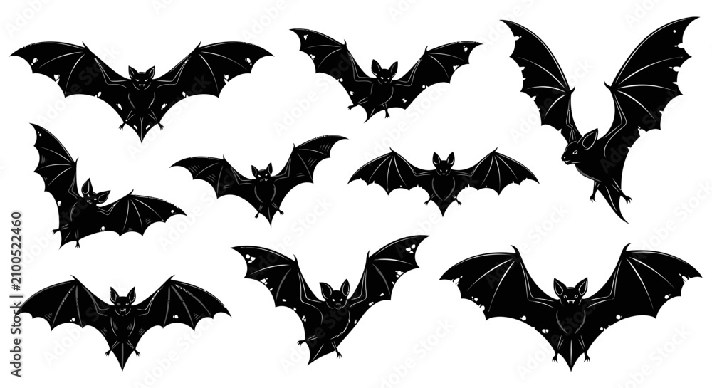 Fototapeta premium Halloween bat silhouettes set, black flying bats collection with 9 vector elements, spooky nocturnal animal icons for gothic party decor